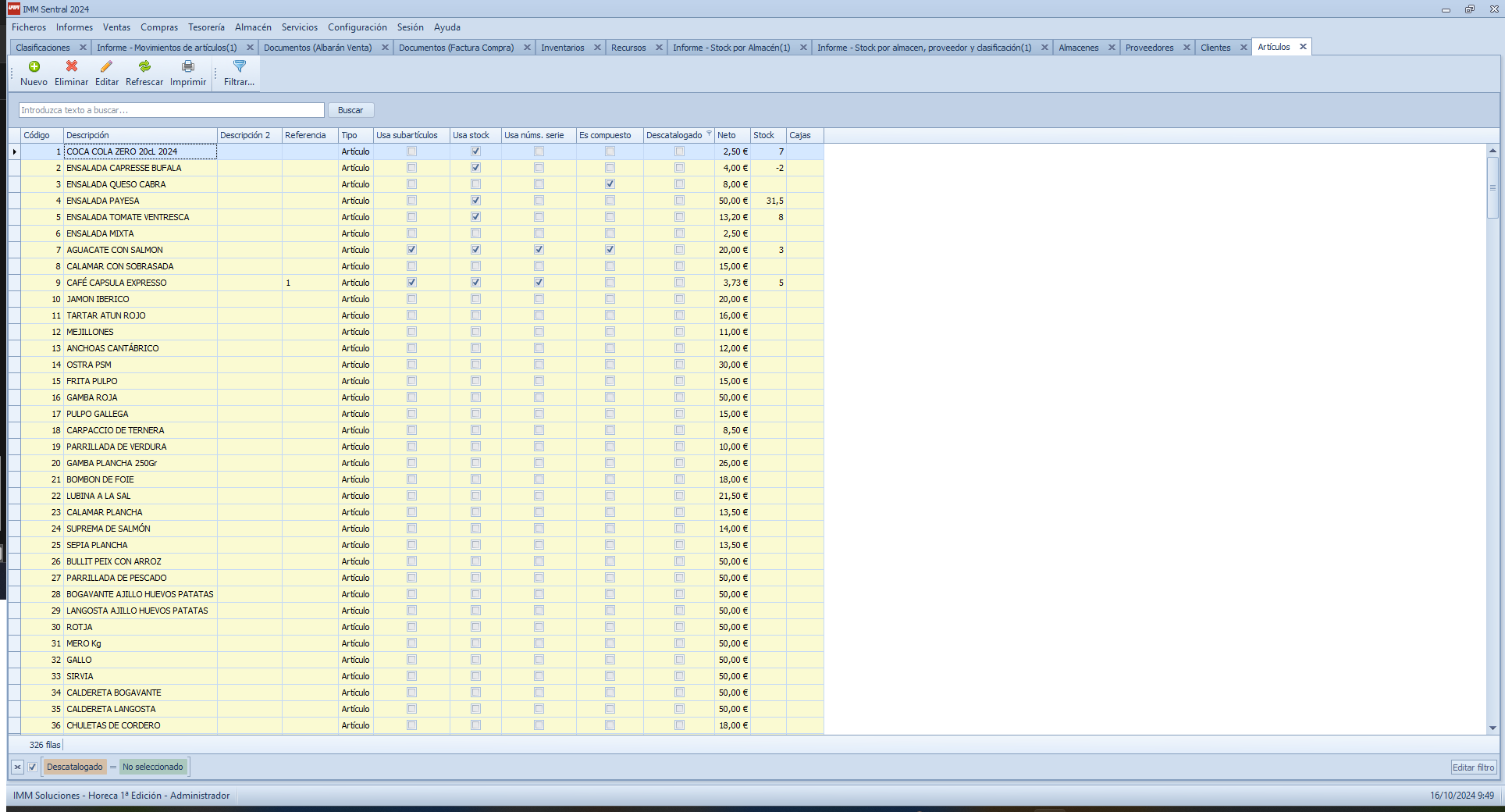 Pantalla Sentral artículos registrados Pantalla Sentral artículos registrados