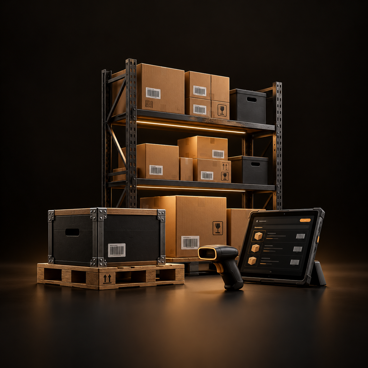 Software de gestión de inventario en tablet con lector de códigos de barras, estanterías con cajas y palé de almacén