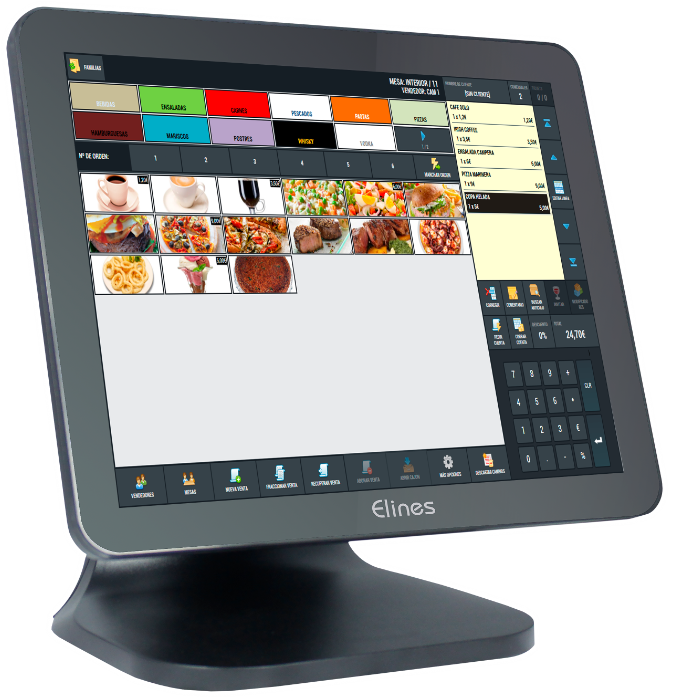 TPV táctil para hostelería con software de IMM mostrando comanda de mesa y carta de productos por familias