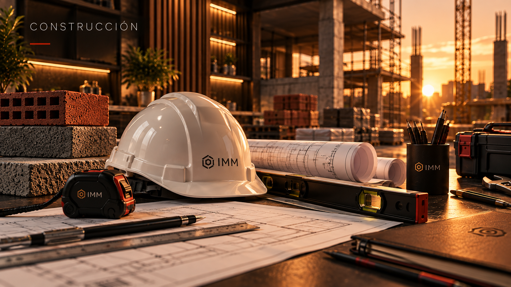 Exterior de un edificio en construcción donde se ven varios materiales de construcción encima de una mesa