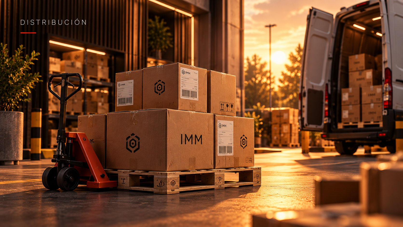 Exterior de un almacen donde se están descargando varias cajas con el logotipo de IMM