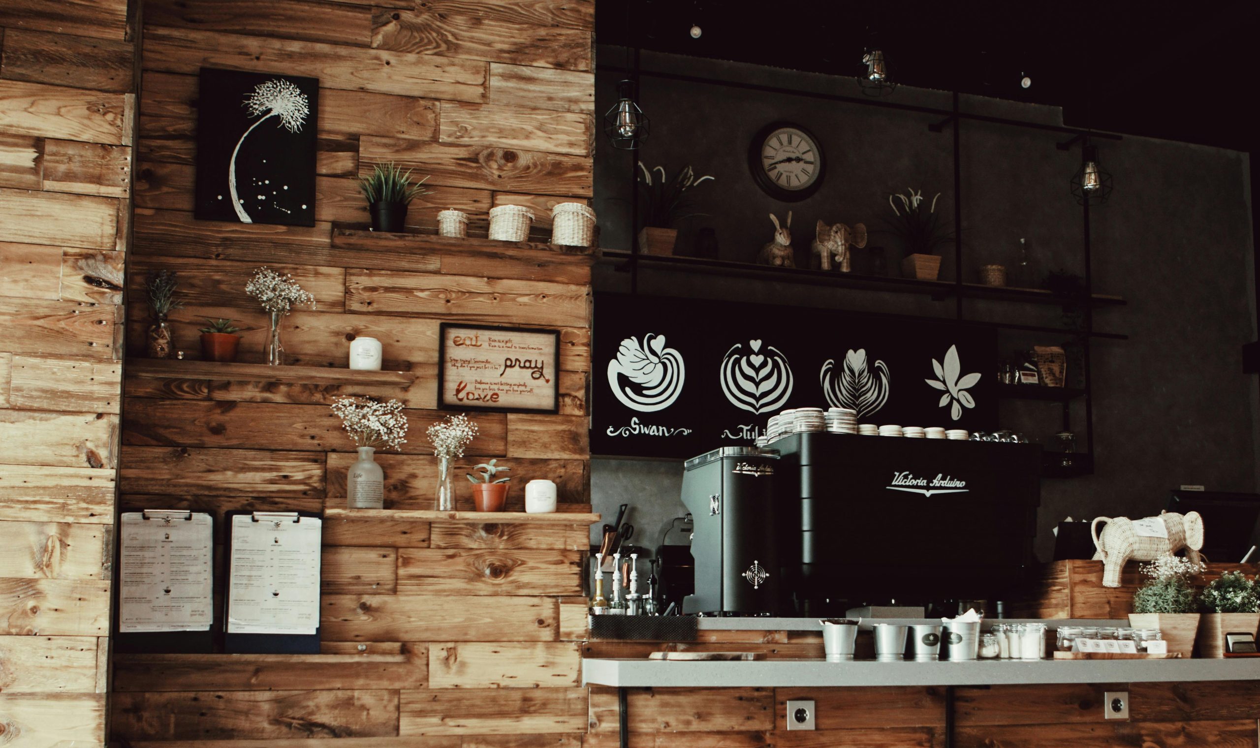 Barra de cafetería con máquina de espresso, pared de madera rústica y estanterías decoradas con plantas