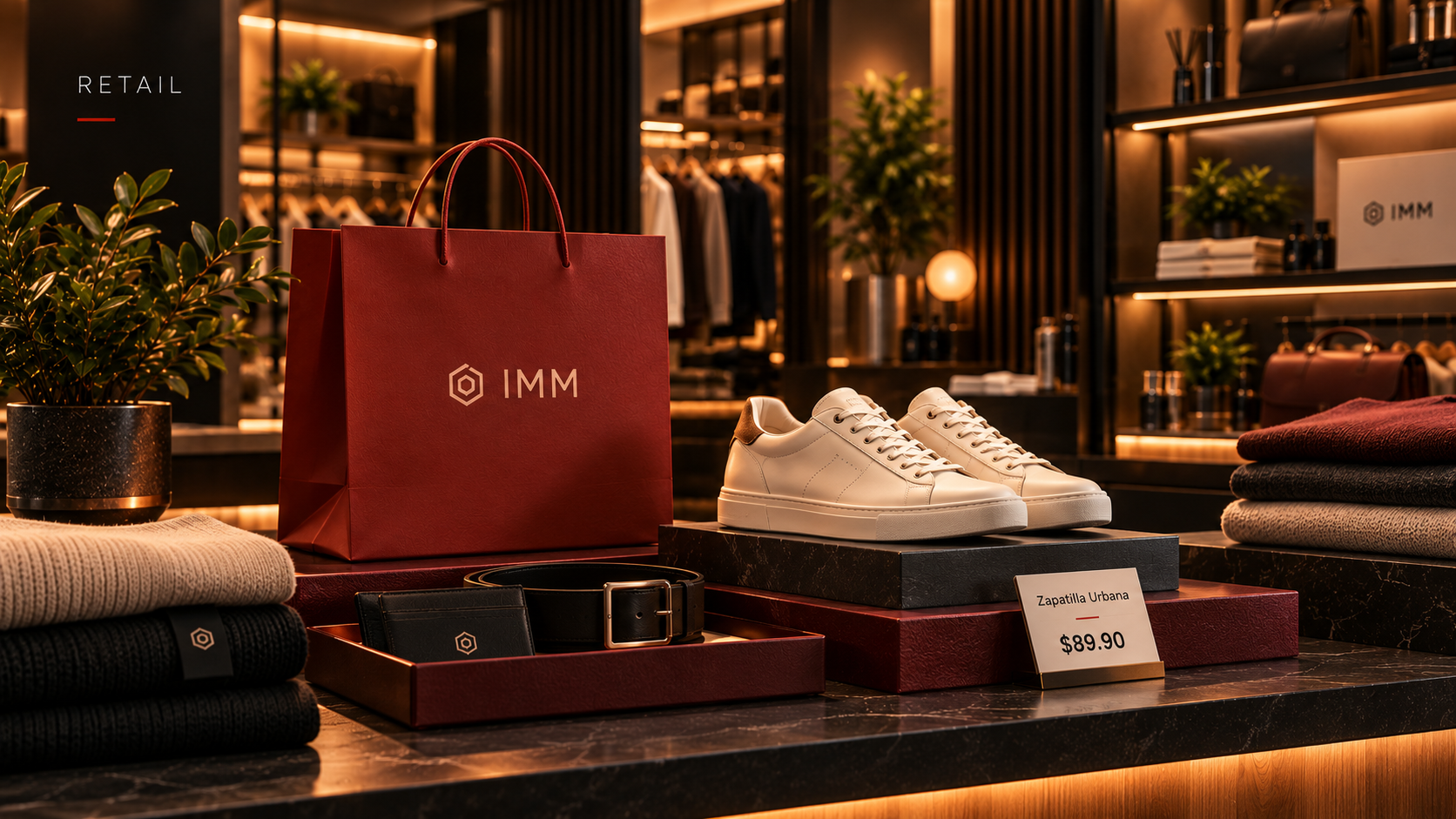 Interior de una tienda con ropa elegante