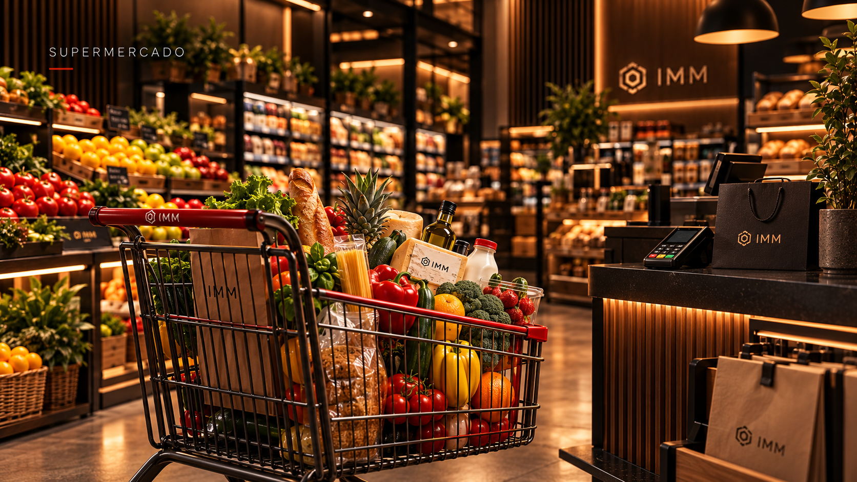 Interior de una supermercado con un carrito lleno de alimentos